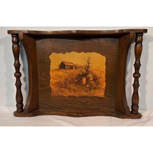 Vintage Rustic Wooden Wall Shelf Turned Spindles Farm Scene Decor